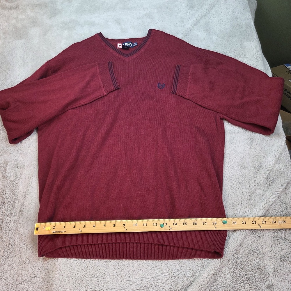 Chaps V-Neck Sweater Mens XL Cotton Knit Long Sleeve Striped Trim Burgundy‎ Red